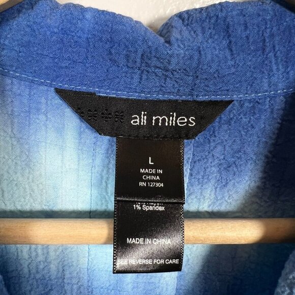 Ali Miles Crinkle Tunic Button Up Top Size Large Blue Tie Dye Artsy Art to Wear - Picture 3 of 11